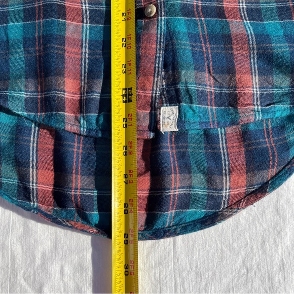 AEO Soft Plaid Flannel Boyfriend Fit Turquoise Rust Button Down Shirt - Size XS - Picture 9 of 14